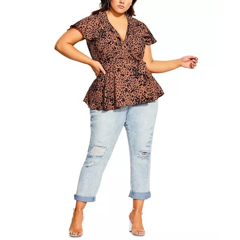 City Chic Peplum Wrap Top Orange Leopard Print Ruffle Flutter Sleeve Bold XL/22